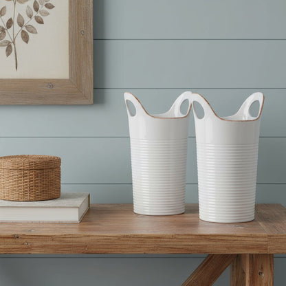 Set of Two White And Beige Ceramic Round Table Vases HomeRoots