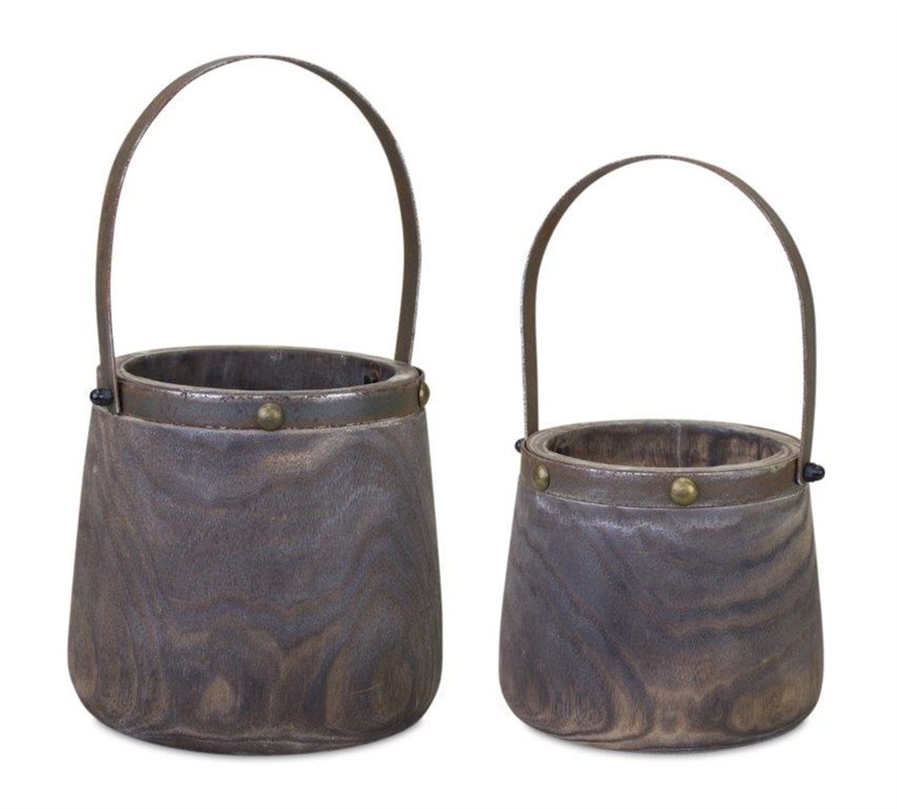 Set of Two Brown Steel And Wood 20 Ounce Round Distressed Pot Planters HomeRoots