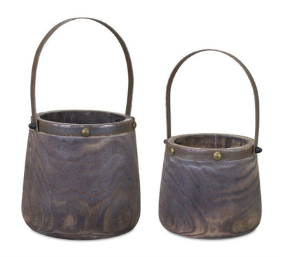 Set of Two Brown Steel And Wood 20 Ounce Round Distressed Pot Planters HomeRoots