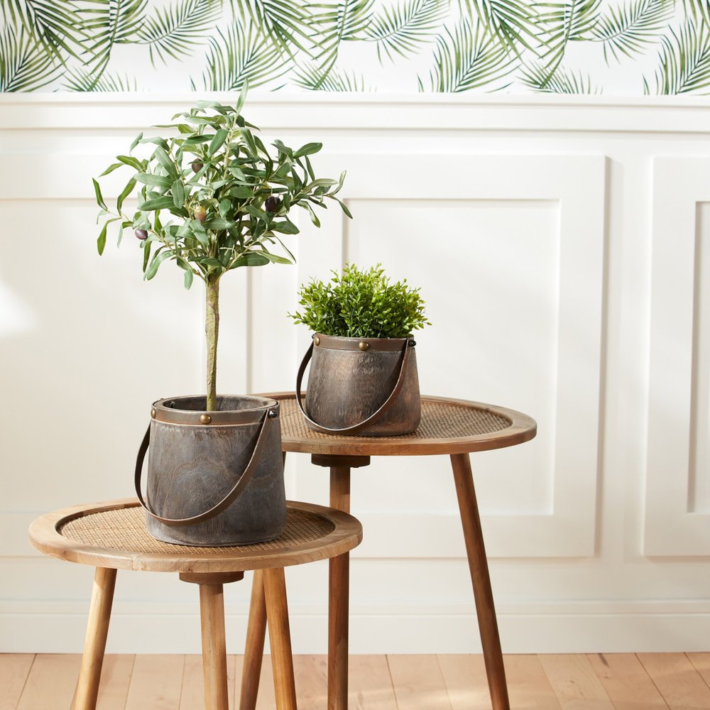 Set of Two Brown Steel And Wood 20 Ounce Round Distressed Pot Planters HomeRoots