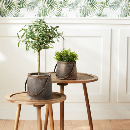 Set of Two Brown Steel And Wood 20 Ounce Round Distressed Pot Planters HomeRoots