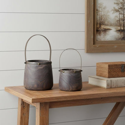 Set of Two Brown Steel And Wood 20 Ounce Round Distressed Pot Planters HomeRoots