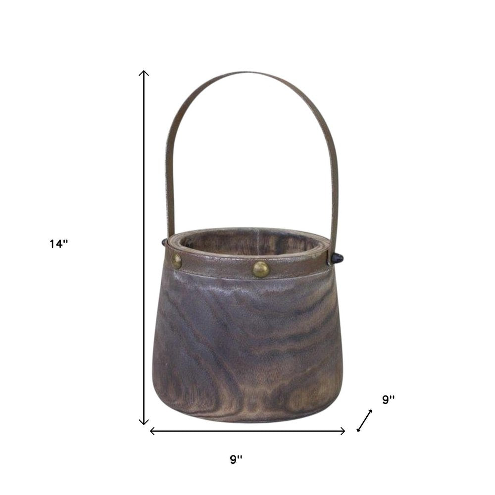 Set of Two Brown Steel And Wood 20 Ounce Round Distressed Pot Planters HomeRoots