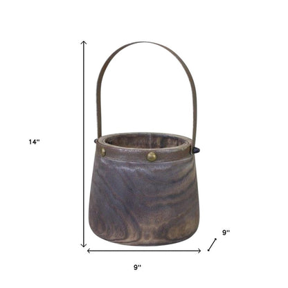 Set of Two Brown Steel And Wood 20 Ounce Round Distressed Pot Planters HomeRoots