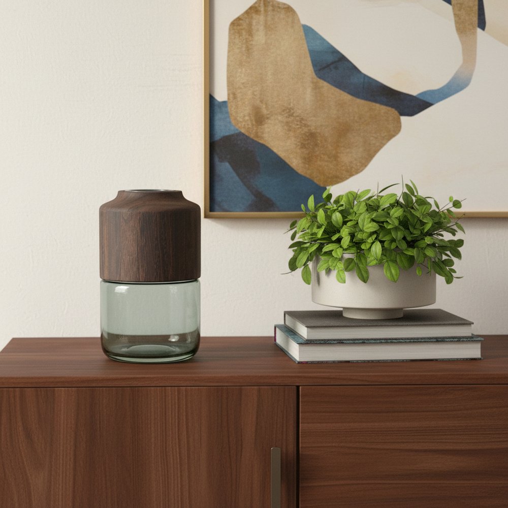11" Brown And Sage Glass Round Table Vase With Wood HomeRoots
