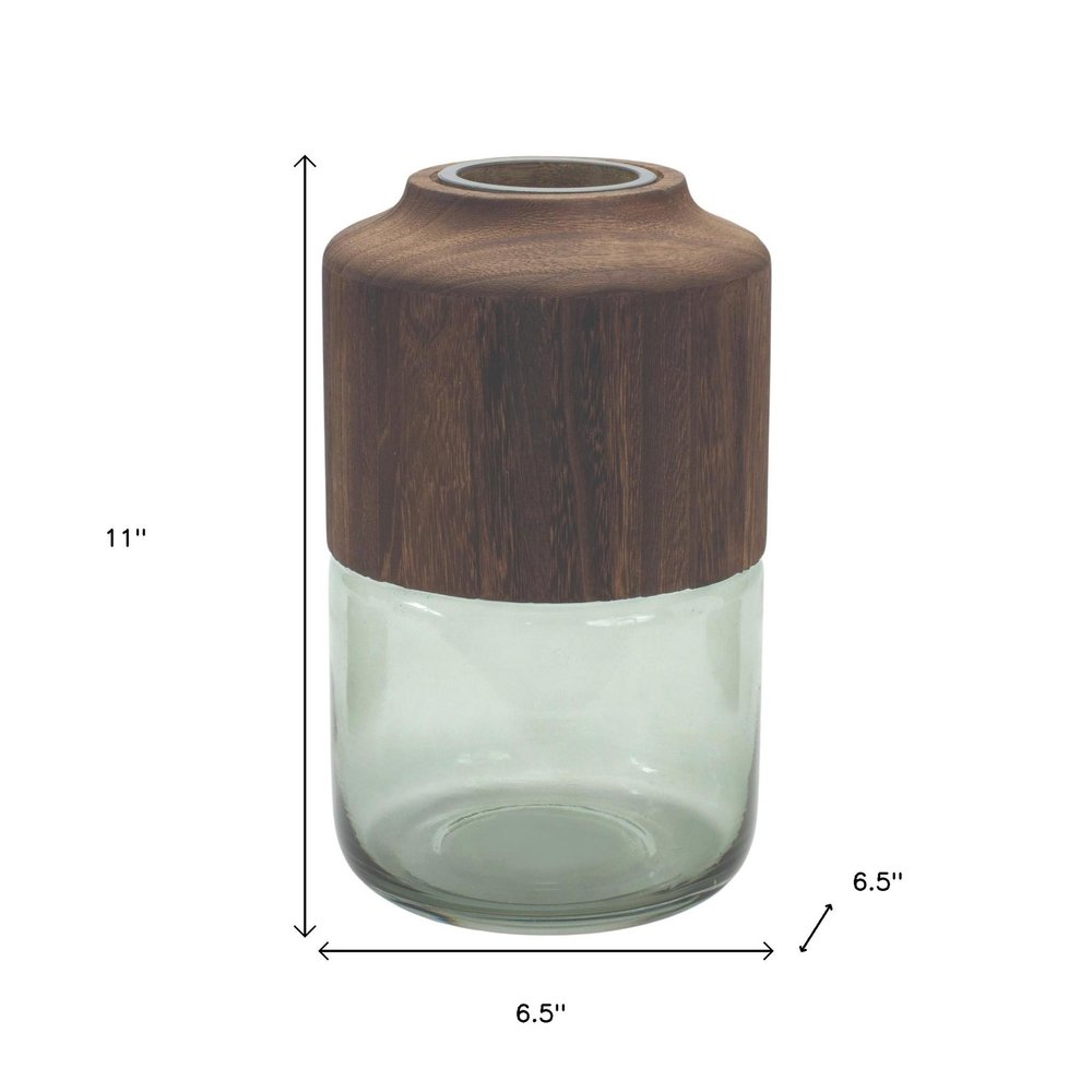11" Brown And Sage Glass Round Table Vase With Wood HomeRoots