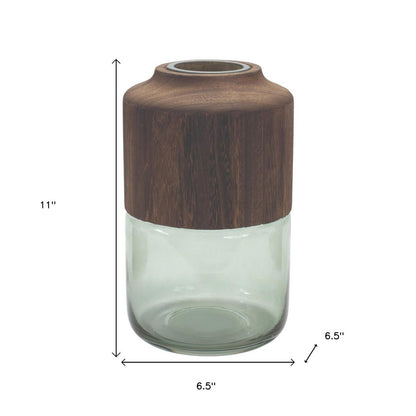 11" Brown And Sage Glass Round Table Vase With Wood HomeRoots