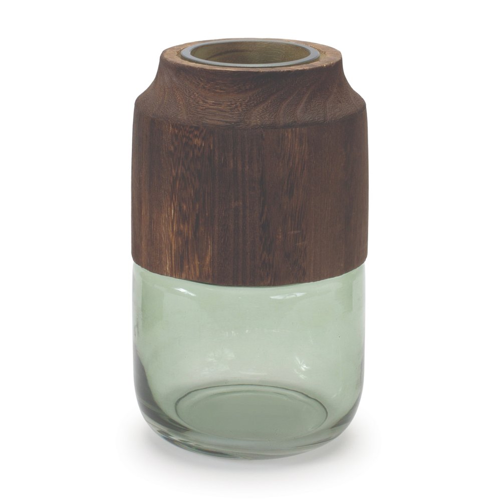 9" Brown And Sage Glass Cylindrical Table Vase With Wood HomeRoots