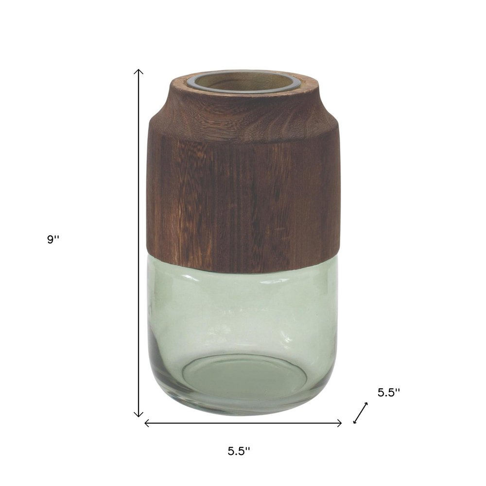 9" Brown And Sage Glass Cylindrical Table Vase With Wood HomeRoots