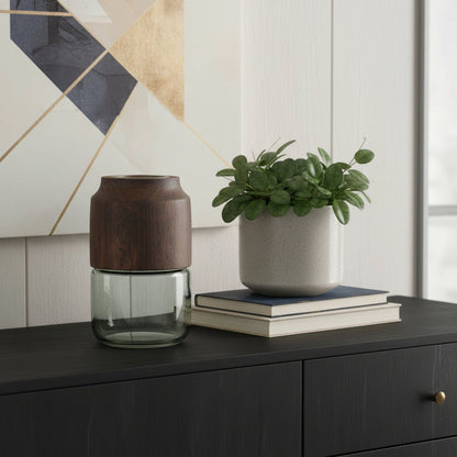 9" Brown And Sage Glass Cylindrical Table Vase With Wood HomeRoots