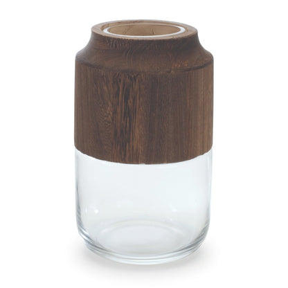 9" Brown And Clear Glass Round Table Vase With Wood HomeRoots