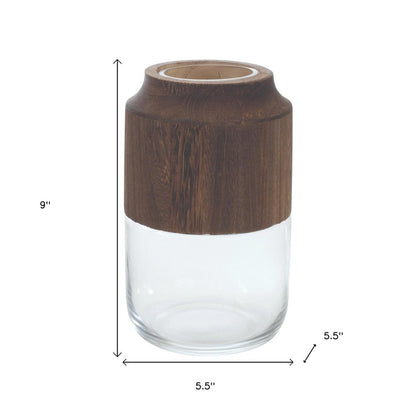 9" Brown And Clear Glass Round Table Vase With Wood HomeRoots