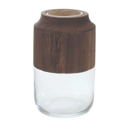 9" Brown And Clear Glass Round Table Vase With Wood HomeRoots
