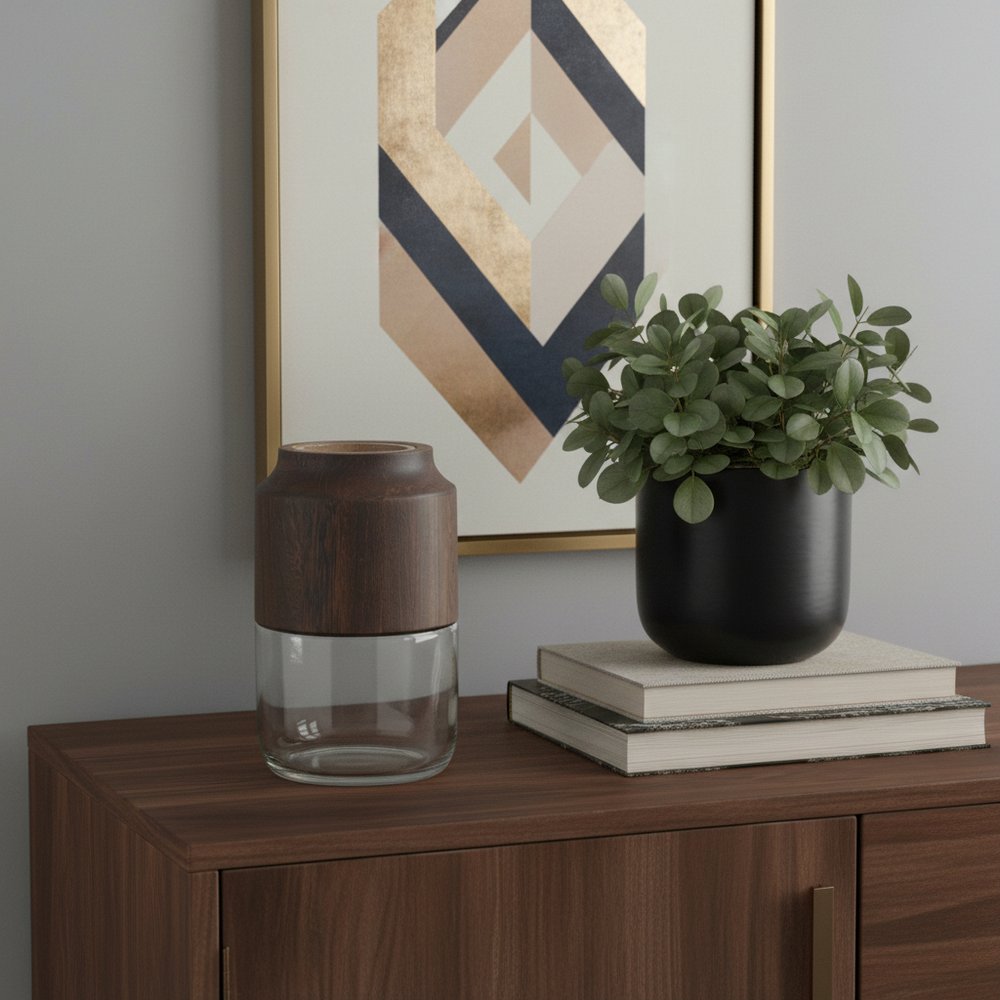 9" Brown And Clear Glass Round Table Vase With Wood HomeRoots