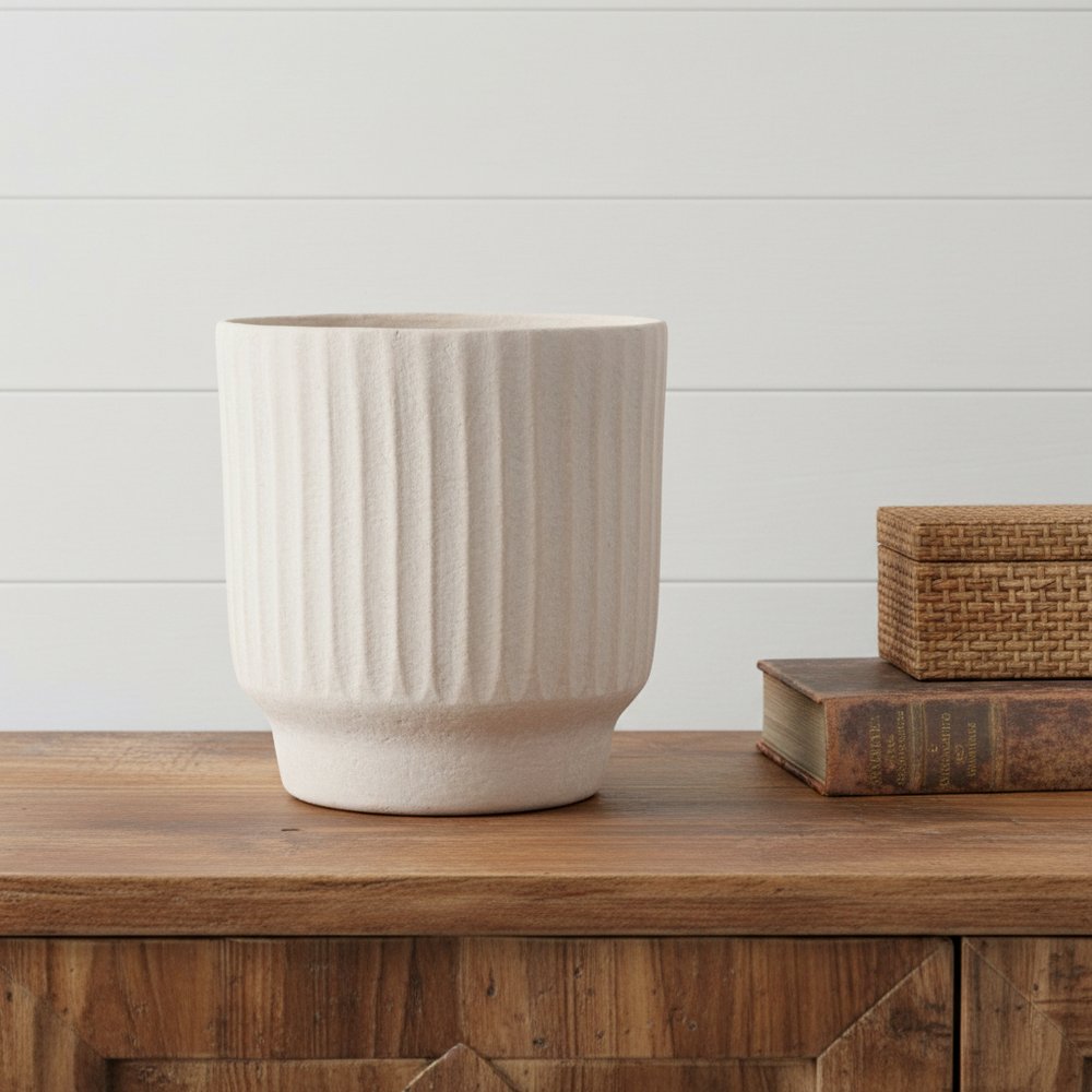 8" Beige Recycled Paper Textured Lines Urn Table Vase HomeRoots