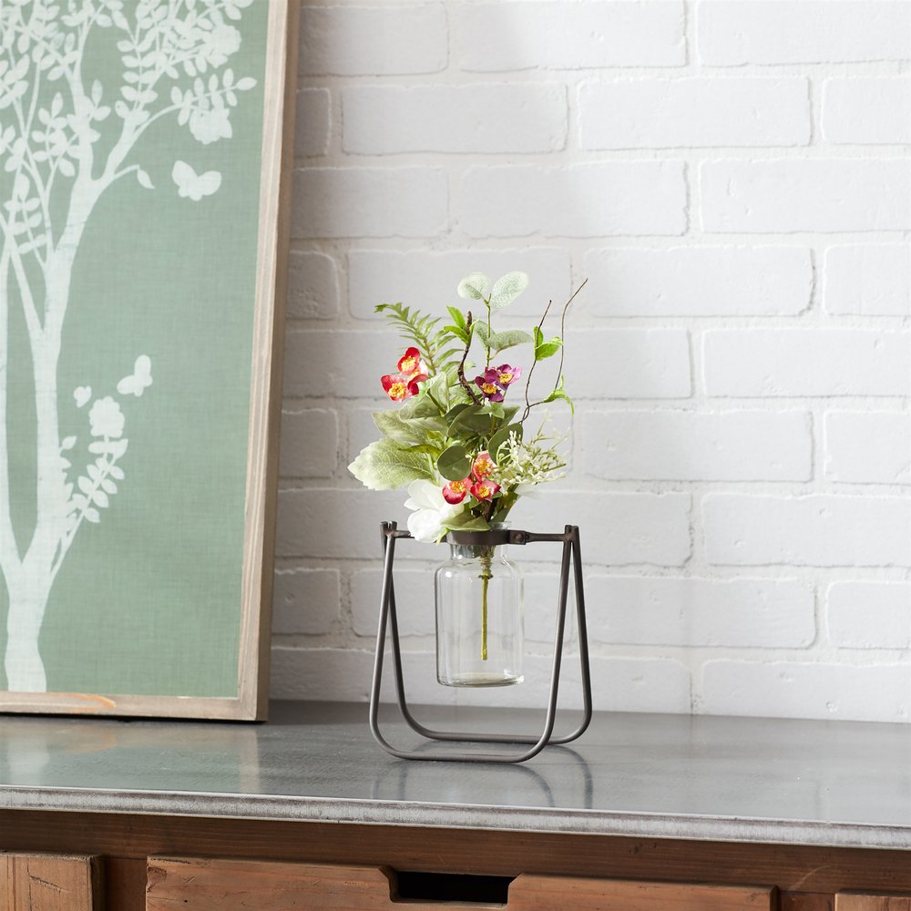 Set of Two Clear And Brown Glass And Metal Round Table Vases HomeRoots