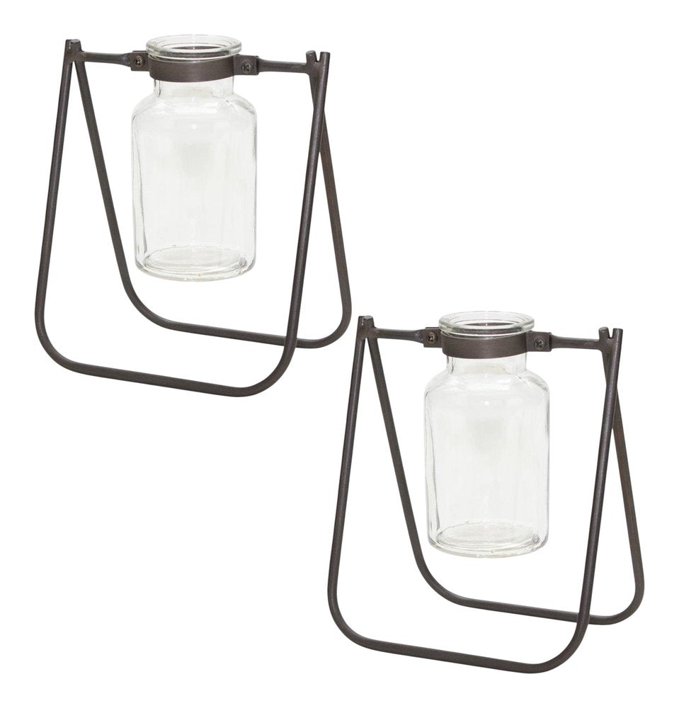 Set of Two Clear And Brown Glass And Metal Round Table Vases HomeRoots