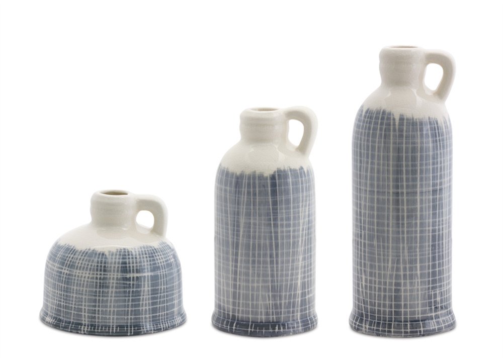 Set of Three Off White And Blue Clay Checkered Jug Vases HomeRoots