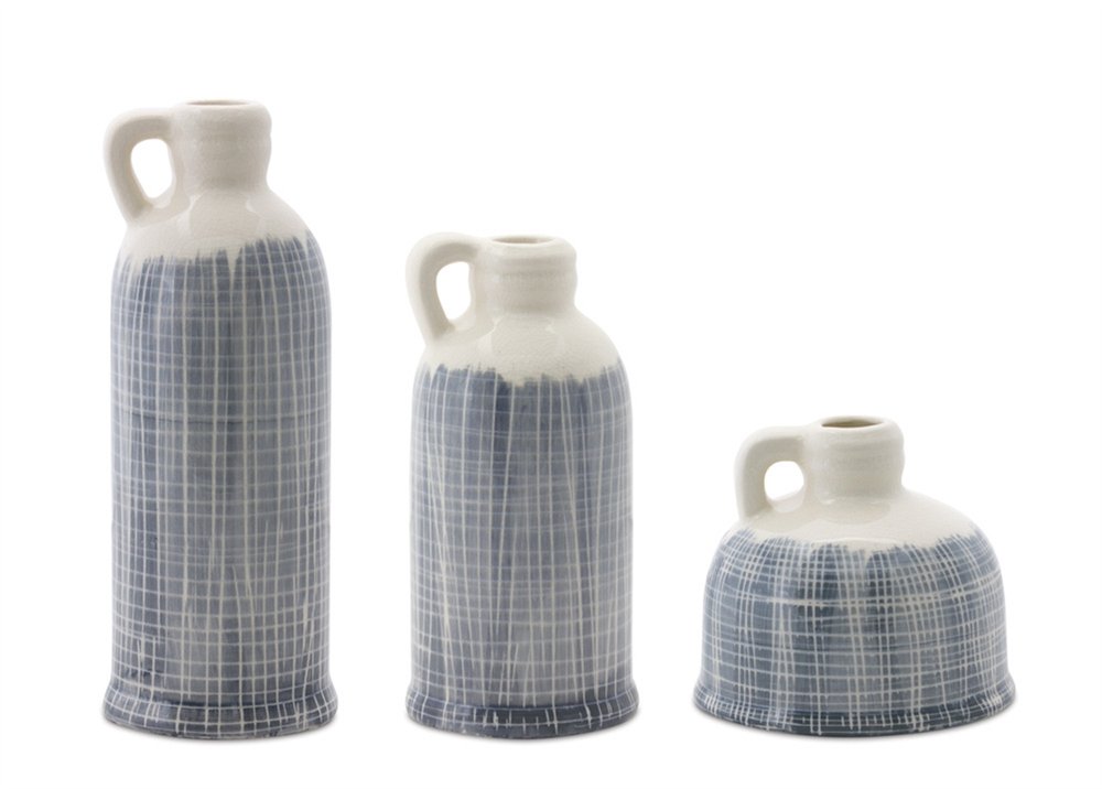 Set of Three Off White And Blue Clay Checkered Jug Vases HomeRoots