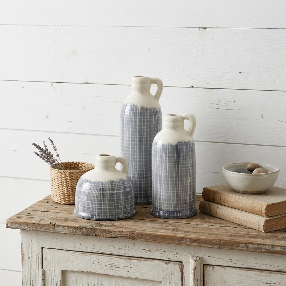Set of Three Off White And Blue Clay Checkered Jug Vases HomeRoots