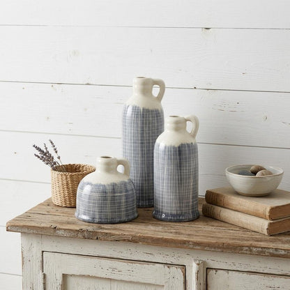Set of Three Off White And Blue Clay Checkered Jug Vases HomeRoots