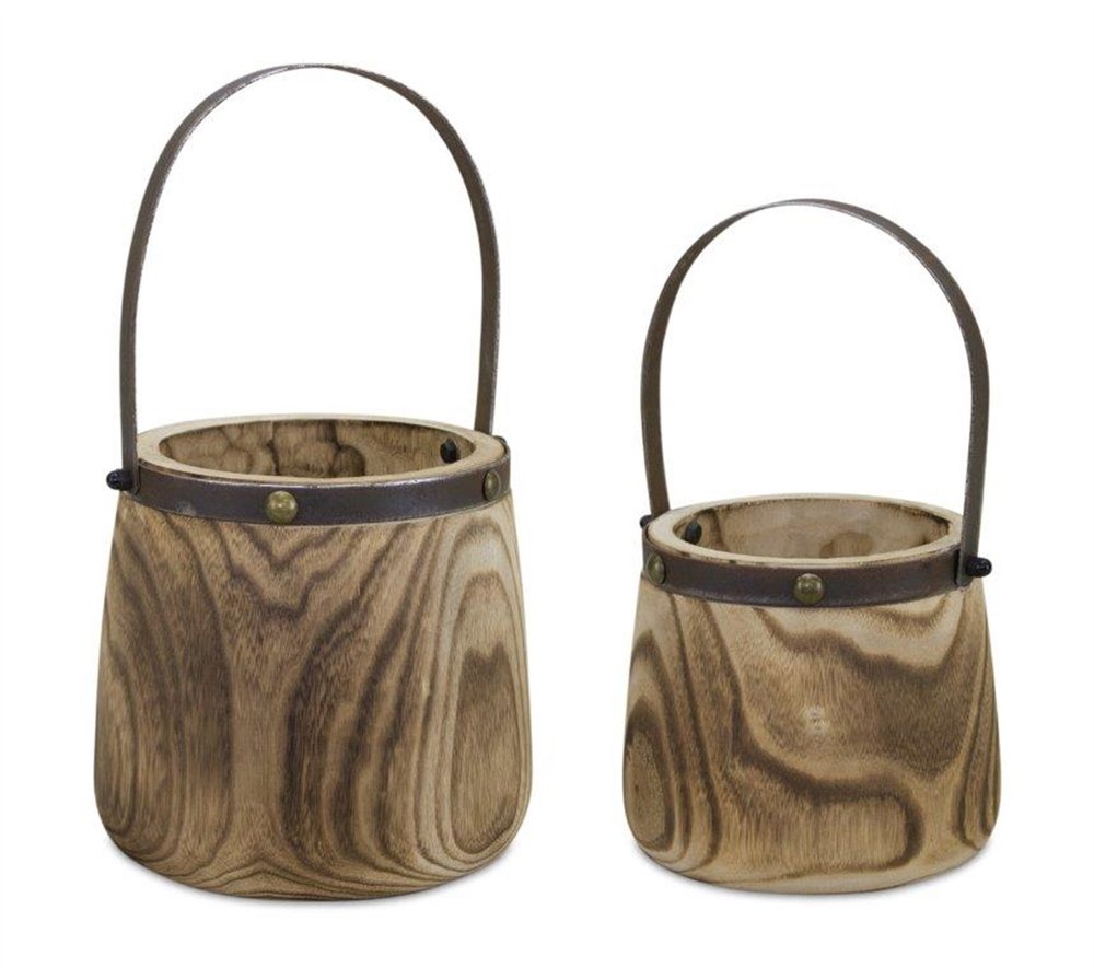 Set of Two Natural Wood And Steel Bucket Pot Planters HomeRoots