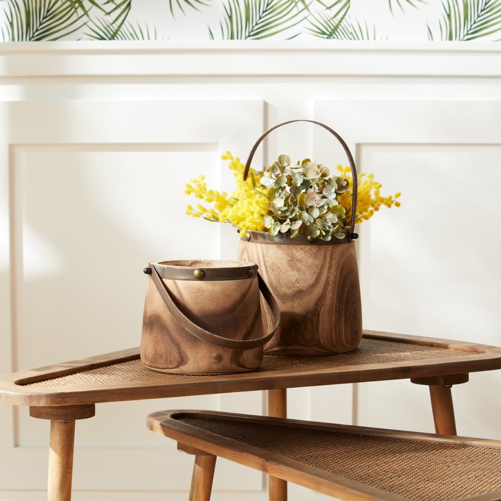 Set of Two Natural Wood And Steel Bucket Pot Planters HomeRoots