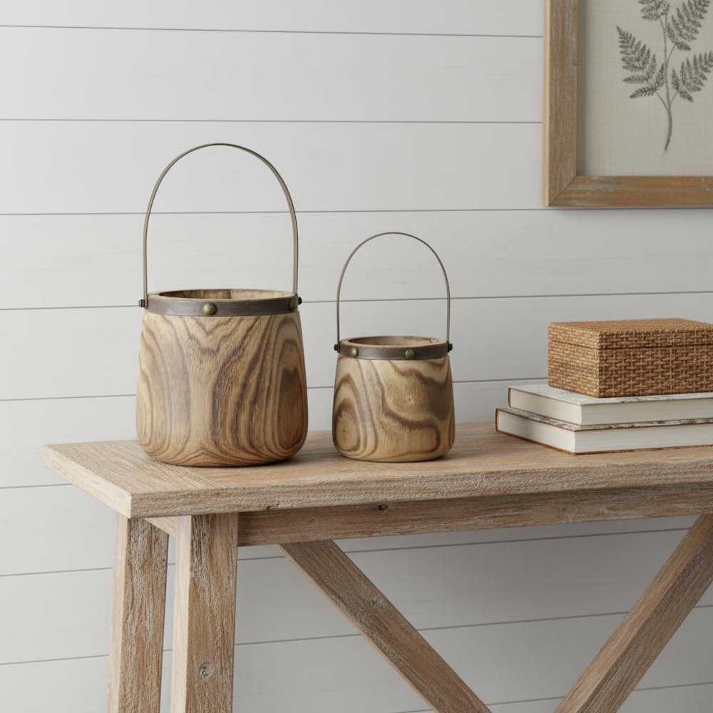 Set of Two Natural Wood And Steel Bucket Pot Planters HomeRoots