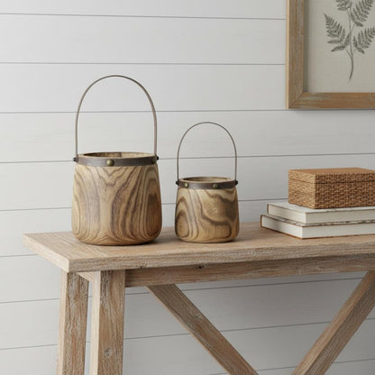 Set of Two Natural Wood And Steel Bucket Pot Planters HomeRoots