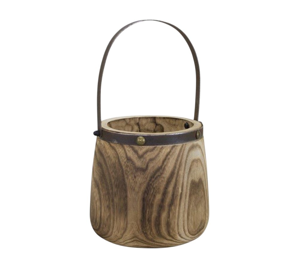 Set of Two Natural Wood And Steel Bucket Pot Planters HomeRoots