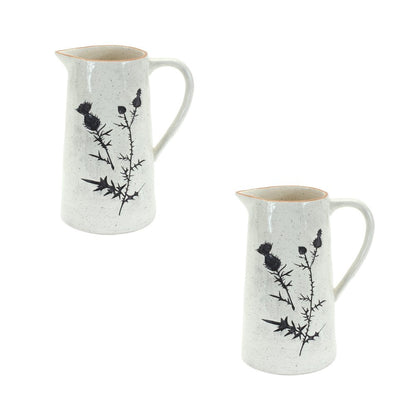 Set of Two Black And Off White Floral Ceramic Cylinder Pitcher Vase HomeRoots