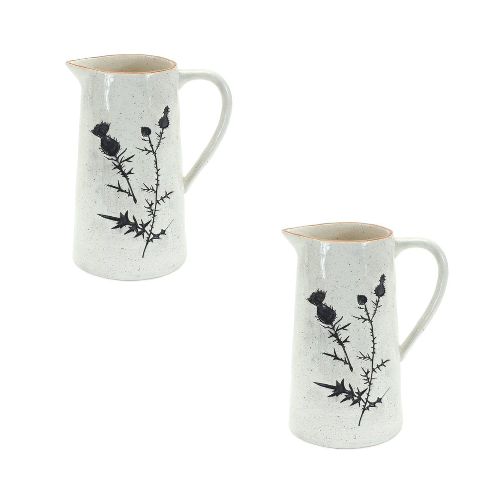Set of Two Black And Off White Floral Ceramic Cylinder Pitcher Vase HomeRoots