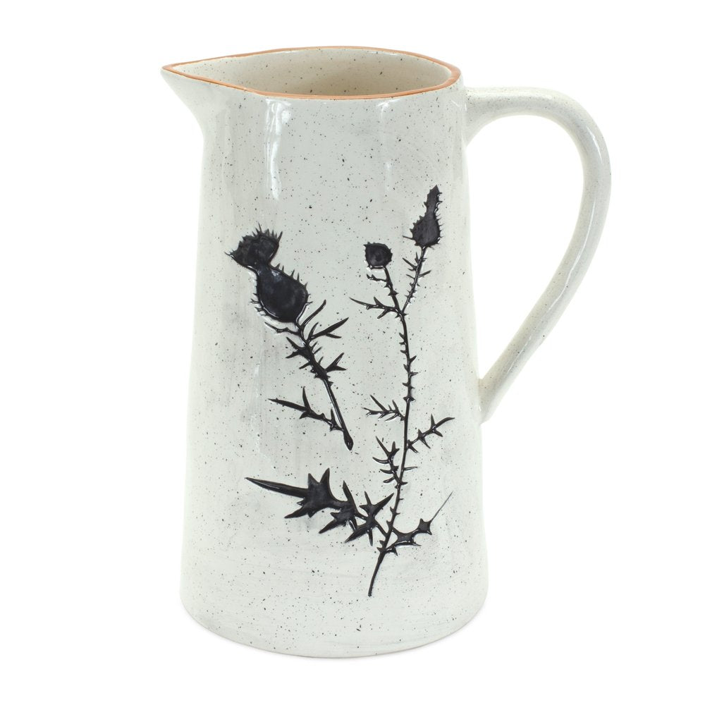 Set of Two Black And Off White Floral Ceramic Cylinder Pitcher Vase HomeRoots