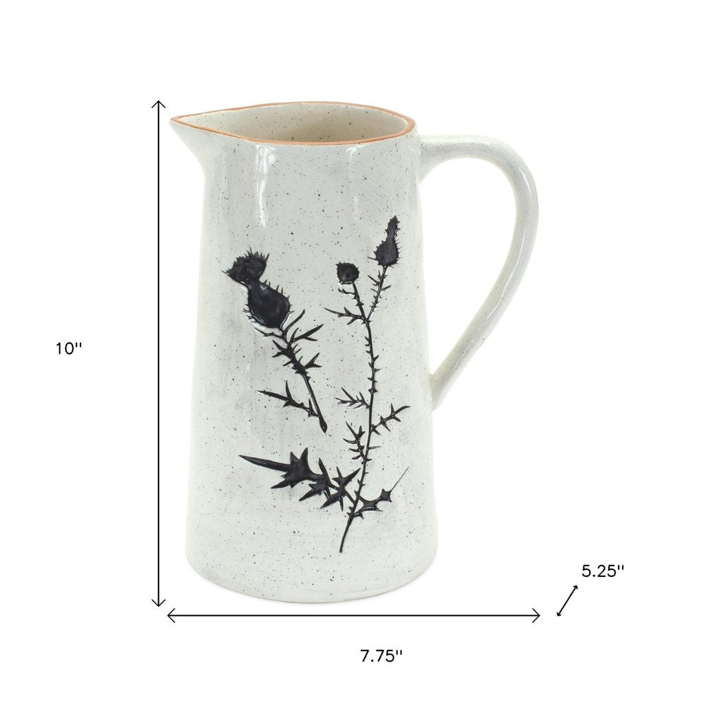 Set of Two Black And Off White Floral Ceramic Cylinder Pitcher Vase HomeRoots