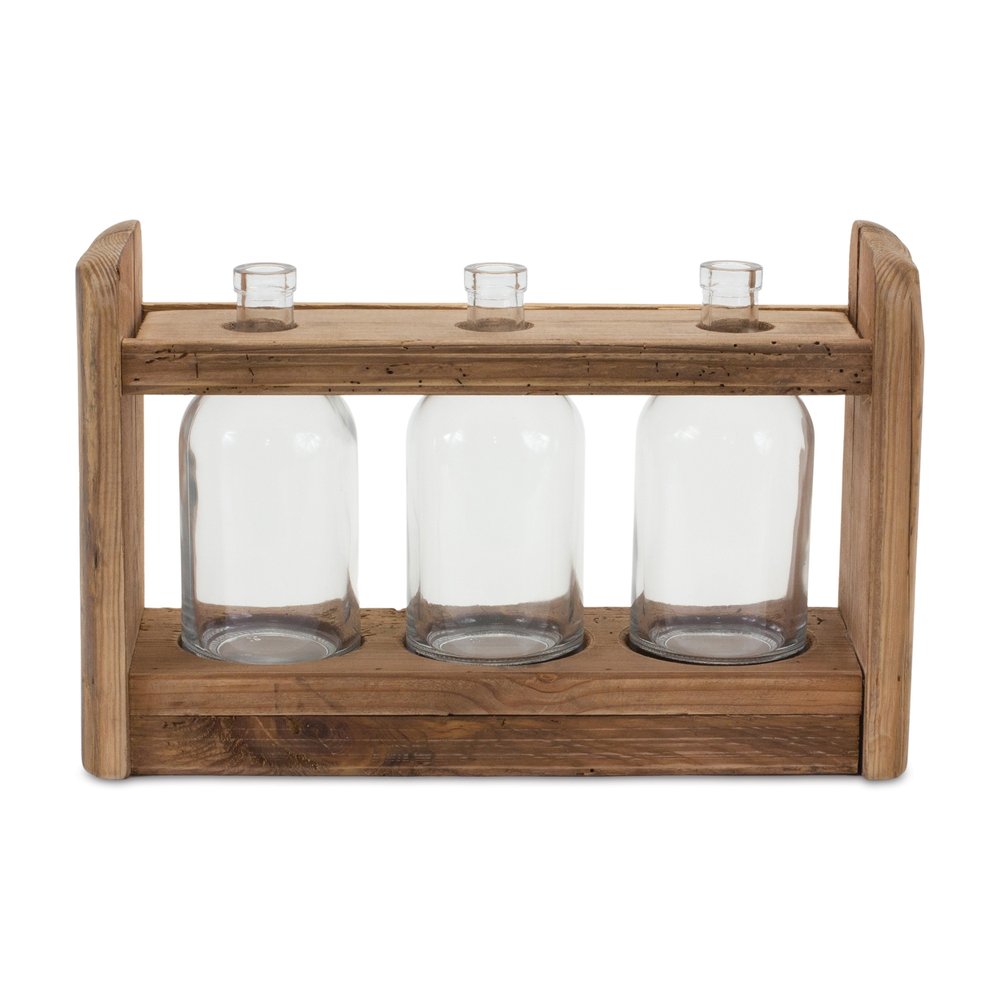 10" Clear And Brown Glass And Wood Three Bottle Table Vase HomeRoots