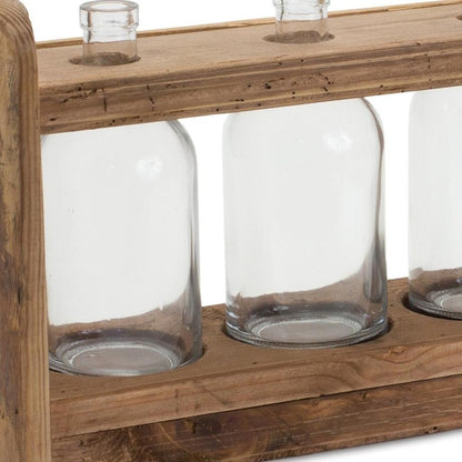 10" Clear And Brown Glass And Wood Three Bottle Table Vase HomeRoots