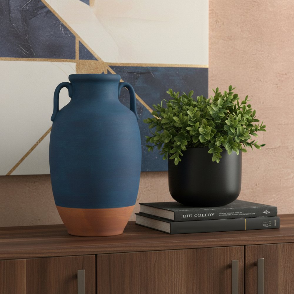 11" Blue And Terra Cotta Ceramic Urn Vase HomeRoots