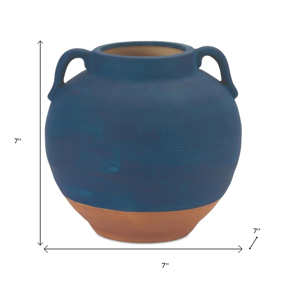 7" Blue And Terra Cotta Ceramic Round Urn HomeRoots