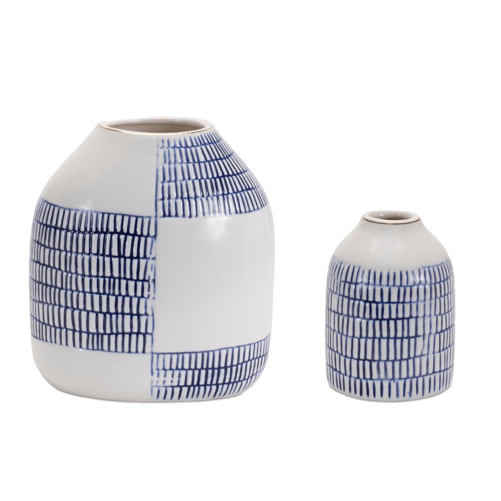 Set of Two Blue And White Checkered Ceramic Round Table Vases HomeRoots