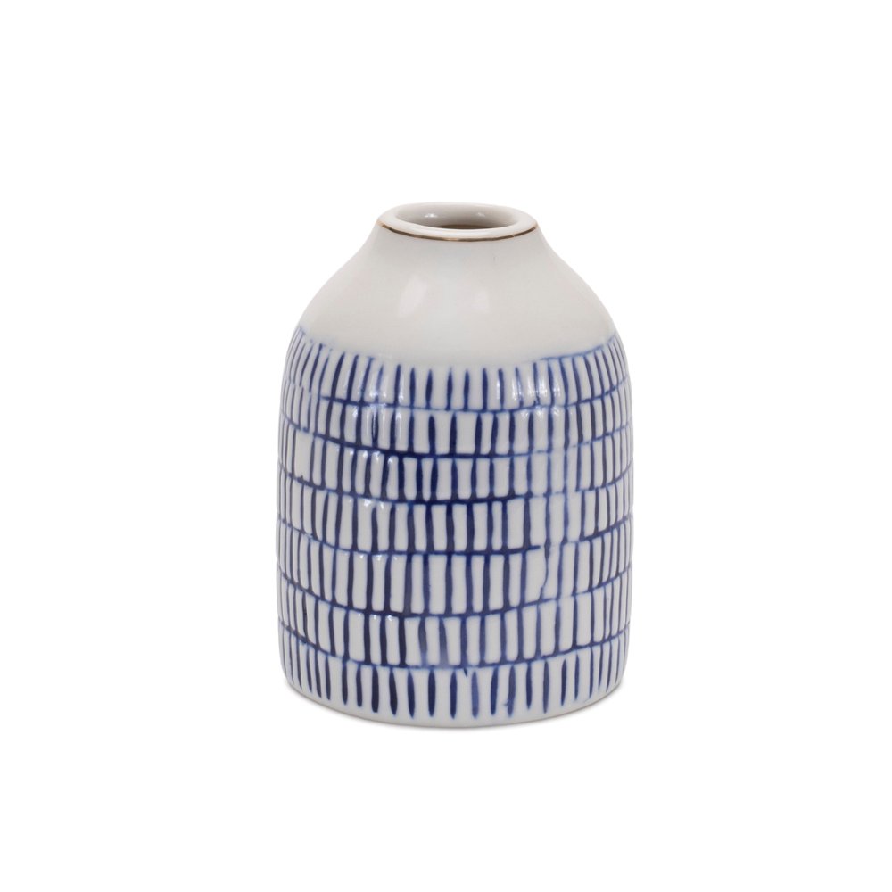 Set of Two Blue And White Checkered Ceramic Round Table Vases HomeRoots