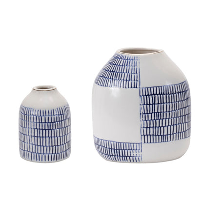 Set of Two Blue And White Checkered Ceramic Round Table Vases HomeRoots