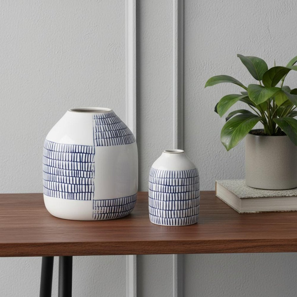 Set of Two Blue And White Checkered Ceramic Round Table Vases HomeRoots