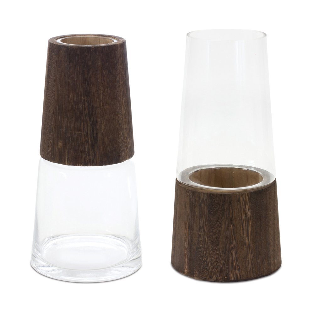 Set of Two Brown And Clear Glass Tapered Table Vases With Wood HomeRoots