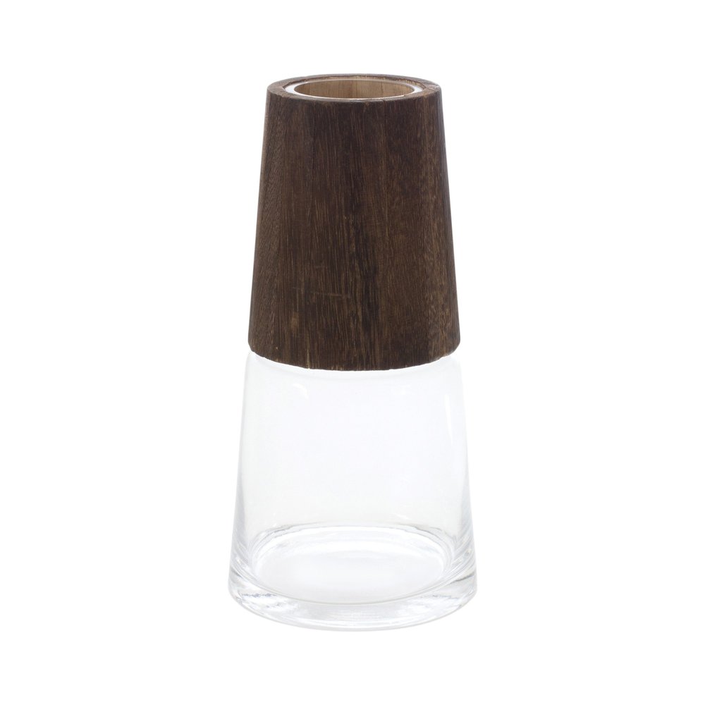 Set of Two Brown And Clear Glass Tapered Table Vases With Wood HomeRoots
