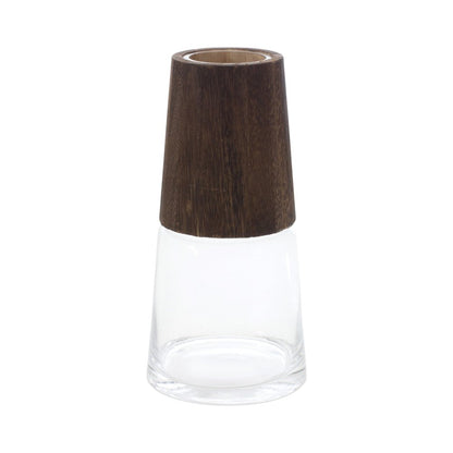 Set of Two Brown And Clear Glass Tapered Table Vases With Wood HomeRoots