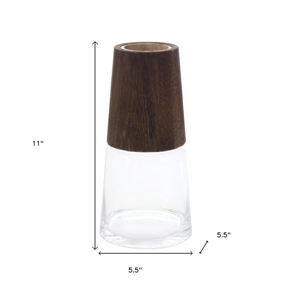 Set of Two Brown And Clear Glass Tapered Table Vases With Wood HomeRoots