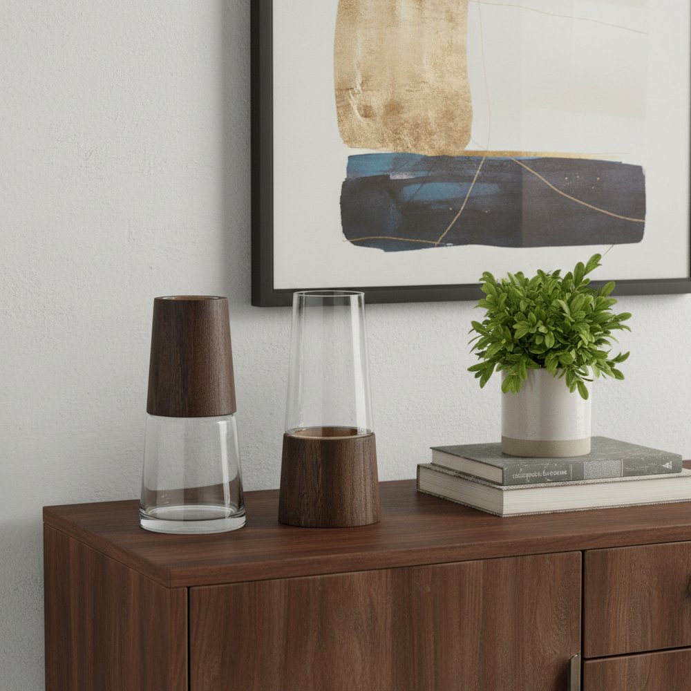 Set of Two Brown And Clear Glass Tapered Table Vases With Wood HomeRoots