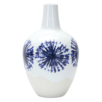 11" White And Blue Geometric Medallion Ceramic Urn Vase HomeRoots