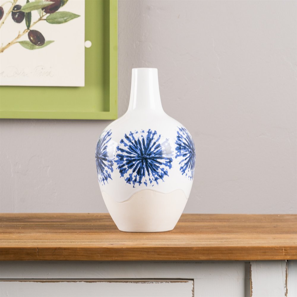 11" White And Blue Geometric Medallion Ceramic Urn Vase HomeRoots