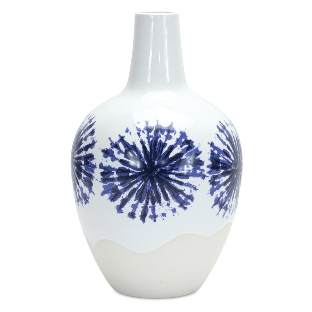 11" White And Blue Geometric Medallion Ceramic Urn Vase HomeRoots